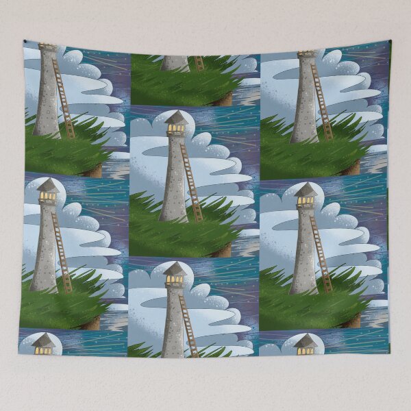 Item preview, Whimsical Lighthouse with Ladder in Dreamy Clouds - Fantasy Night Illustration designed and sold by TheArtOfTreble.