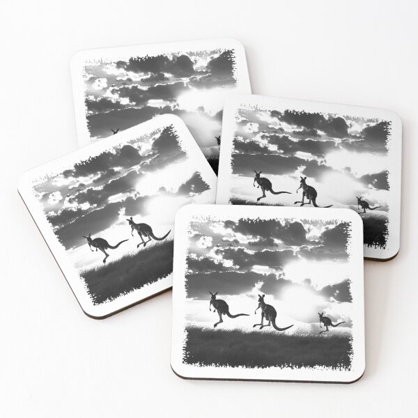 Item preview, Kangaroo Silhouettes at Sunset – Black and White Australian Outback Art designed and sold by inkoutninja.
