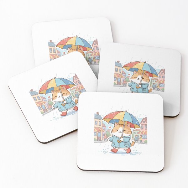 Item preview, Cute Cat with Umbrella in the Rain - Kawaii Ginger Nyan Illustration designed and sold by NoopnyangStudio.
