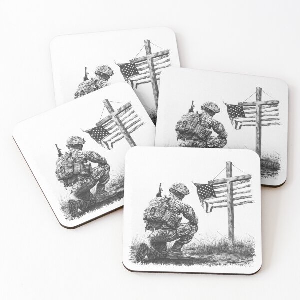 Item preview, Kneeling Soldier by American Flag Cross – Black and White Military Tribute Art designed and sold by inkoutninja.