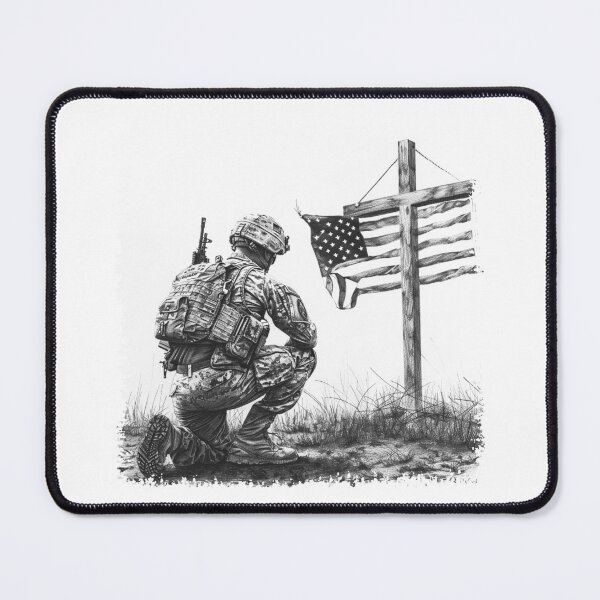Item preview, Kneeling Soldier by American Flag Cross – Black and White Military Tribute Art designed and sold by inkoutninja.