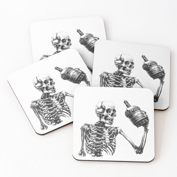 Item preview, Skeleton Toasting Grenade – Dark Humor Black and White Illustration designed and sold by inkoutninja.