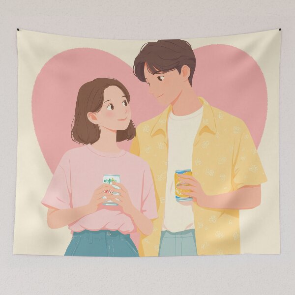 Item preview, Cute Asian Couple Illustration Soft Pastel Romantic Aesthetic designed and sold by BobaBunny76.