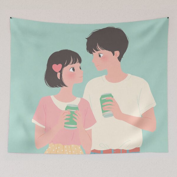 Item preview, Cute Asian Couple Illustration Soft Pastel Romantic Aesthetic designed and sold by BobaBunny76.