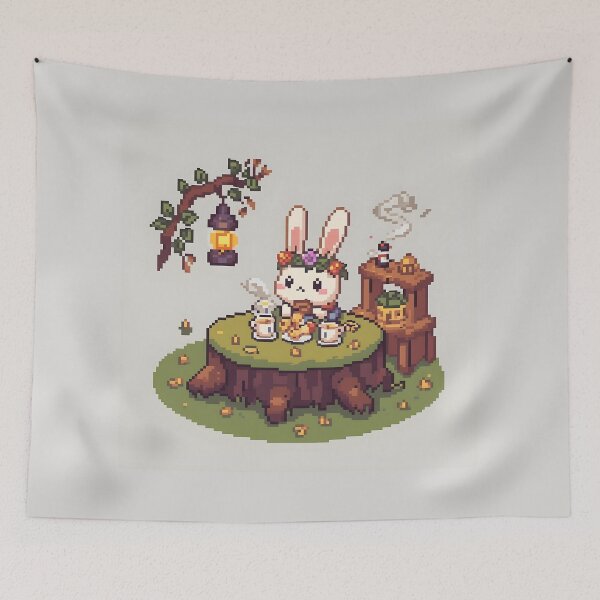 Item preview, Chibi Bunny Tea Party - Cozy Pixel Art Print designed and sold by ThePixelArchive.