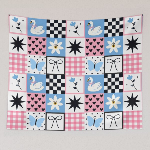 Item preview, Scandinavian Nursery Seamless Pattern, Nordic Swan Folk Art Quilt Digital Paper, Checkerboard Bow Gingham designed and sold by FRH Design ⭐⭐⭐⭐⭐.