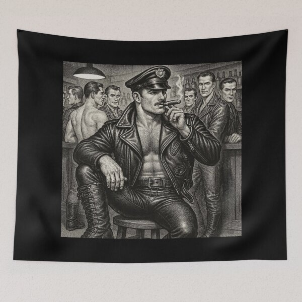Item preview, Vintage Gay Leather Bar Cigar Smoking Daddy Defiant Currency Tom of Finland Tribute Gay Pride Graphic Design designed and sold by ItsAKinkThing.