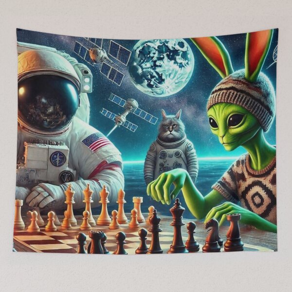 Item preview, Space Chess – Astronaut vs Alien with Cat Referee designed and sold by Dogandesighn.