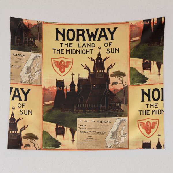 Item preview, Vintage Norway Travel Poster | Land of the Midnight Sun | Early 20th Century Art | Norwegian Stave Church | Railway Adventure designed and sold by artofuniverse.