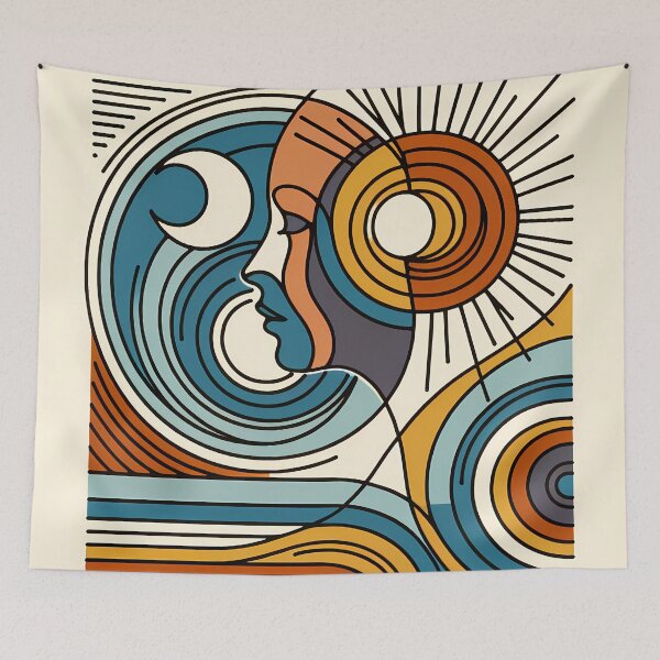Item preview, Abstract Line Face with Sun and Moon Waves designed and sold by InkSmithery.