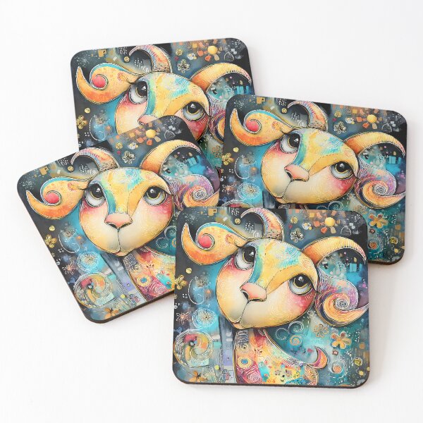 Item preview, Colorful fantasy goat with curved horns and colorful patterns designed and sold by WhimsyArt ○ byGTL.