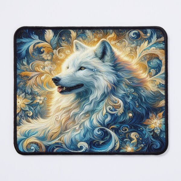 Item preview, Mystical White Wolf in the style of Claude Monet: Majestic Mane & Floral Art in Blue-Gold designed and sold by FotoworldEdel.