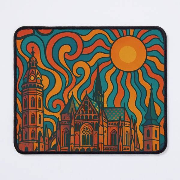 Item preview, Trippy Psychedelic Poster of Košice | Neon St. Elisabeth Cathedral | Surreal Slovak Cityscape Art designed and sold by PaintedPixels01.