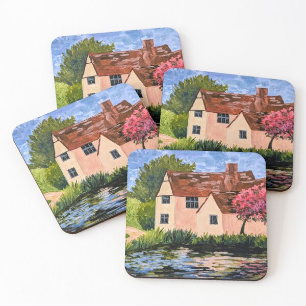 Item preview, English cottage with pond and cherry tree, gouache painting designed and sold by Art-By-Rosalind.