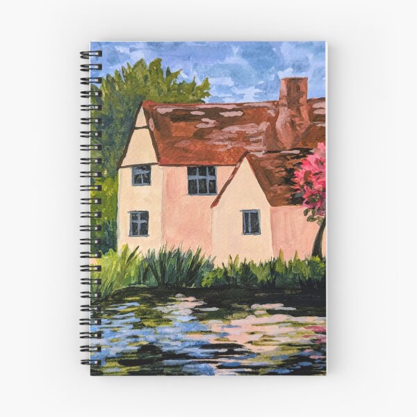 Item preview, English cottage with pond and cherry tree, gouache painting designed and sold by Art-By-Rosalind.
