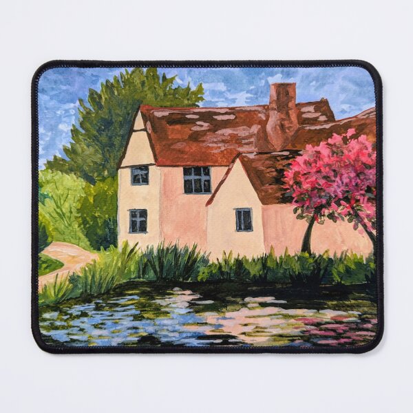 Item preview, English cottage with pond and cherry tree, gouache painting designed and sold by Art-By-Rosalind.