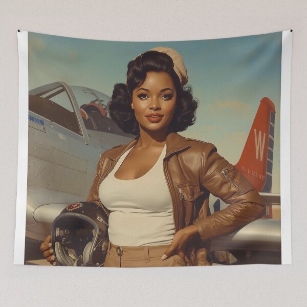 Item preview, Vintage 1940s Pin-Up Aviator with P-51 Mustang | Retro WWII Nose Art Style Illustration designed and sold by MissSaylor.