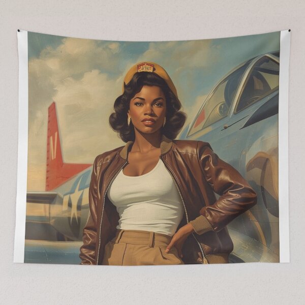 Item preview, Retro WWII Pin-Up with P‑51 Mustang | 1940s Aviation Glam Art Print designed and sold by MissSaylor.