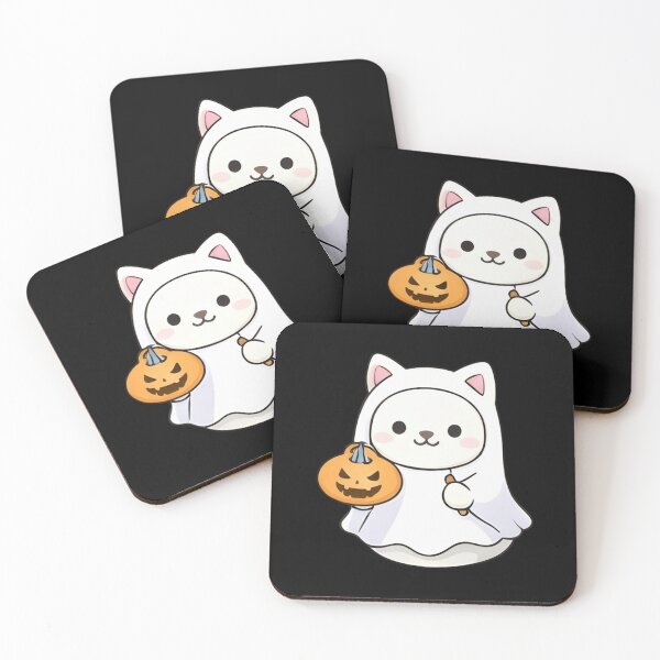 Item preview, Kawaii White Cat in Ghost Costume with Jack-o'-Lantern designed and sold by Trendora90.