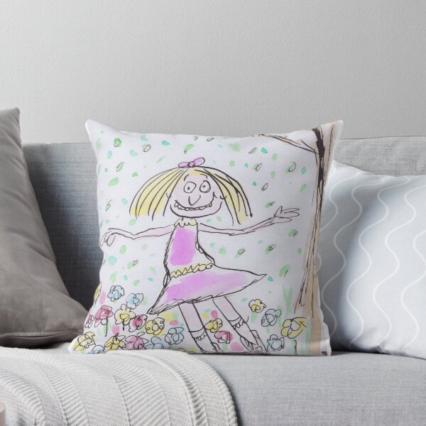 Happy girl playing the garden. Throw Pillow