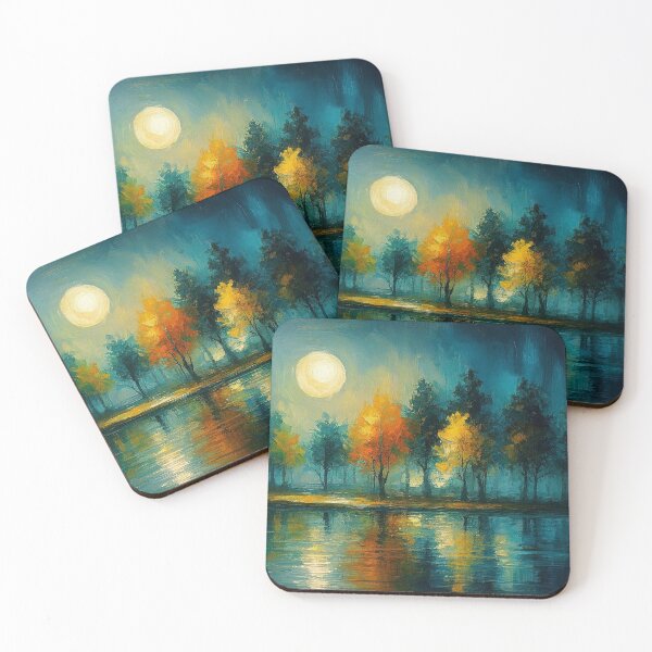 Item preview, Moonlit Autumn Trees by the Water – Night Landscape Art designed and sold by Joey Santiago.
