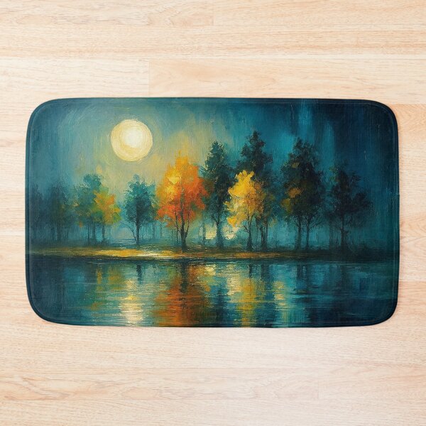 Item preview, Moonlit Autumn Trees by the Water – Night Landscape Art designed and sold by Joey Santiago.