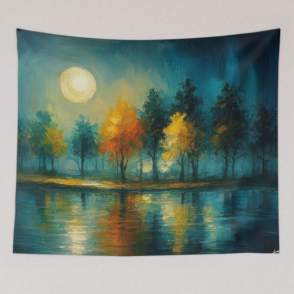 Item preview, Moonlit Autumn Trees by the Water – Night Landscape Art designed and sold by Joey Santiago.