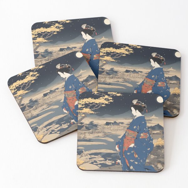 Item preview, Vintage Japanese geisha in blue kimono  waiting at night designed and sold by Coolparrotgirl.