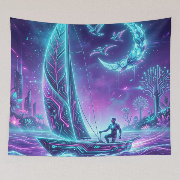 Item preview, Neon Cyberpunk Sailboat Solarpunk Ocean Art designed and sold by MarCinu Art.