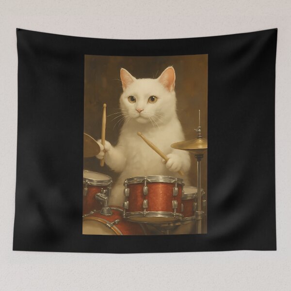 Item preview, White Cat Drumming On A Drum Set designed and sold by adibhyper.