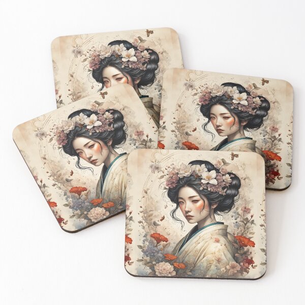 Item preview, Traditional Japanese Geiko portrait, painting, floral, vintage designed and sold by Coolparrotgirl.