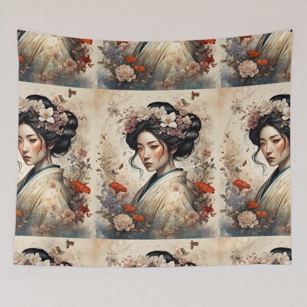 Item preview, Traditional Japanese Geiko portrait, painting, floral, vintage designed and sold by Coolparrotgirl.
