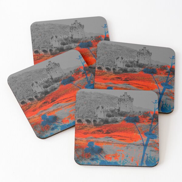Item preview, Highland Ember – Eilean Donan Castle Black & White Sketch with Orange Grass & Teal Thistles designed and sold by PunksterClub.