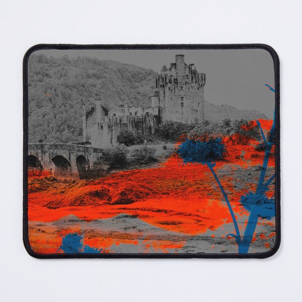 Item preview, Highland Ember – Eilean Donan Castle Black & White Sketch with Orange Grass & Teal Thistles designed and sold by PunksterClub.