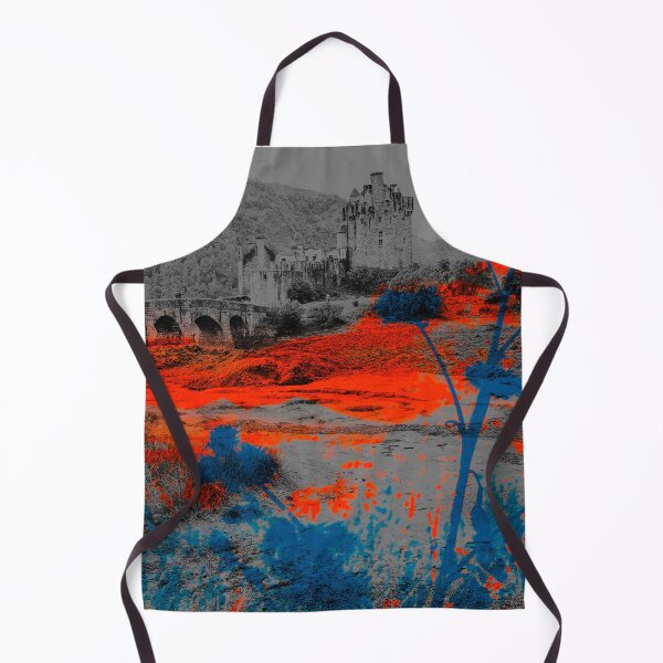 Item preview, Highland Ember – Eilean Donan Castle Black & White Sketch with Orange Grass & Teal Thistles designed and sold by PunksterClub.