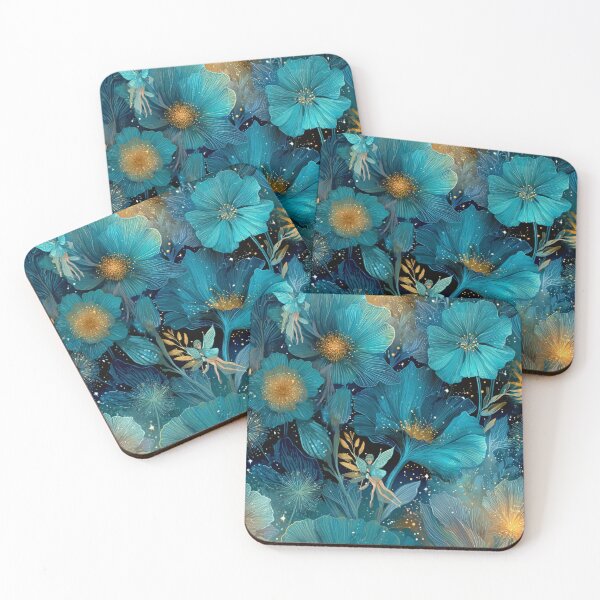 Item preview, Enchanted Midnight Garden - Teal & Gold Magical Flora & Fairies Pattern designed and sold by Ewa Miller.