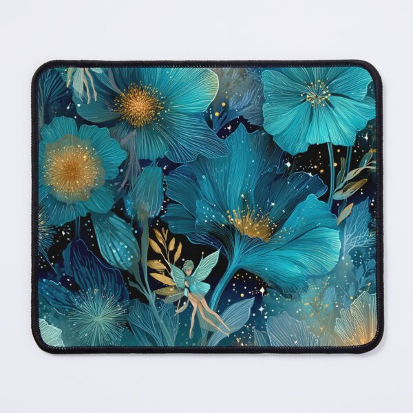 Item preview, Enchanted Midnight Garden - Teal & Gold Magical Flora & Fairies Pattern designed and sold by Ewa Miller.