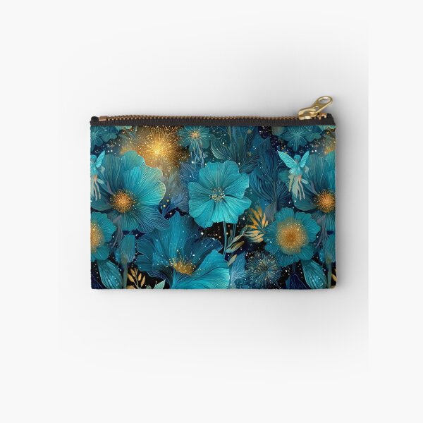 Item preview, Enchanted Midnight Garden - Teal & Gold Magical Flora & Fairies Pattern designed and sold by Ewa Miller.