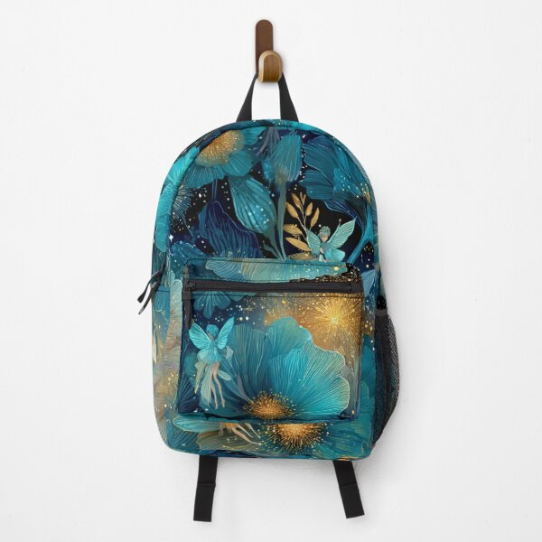 Item preview, Enchanted Midnight Garden - Teal & Gold Magical Flora & Fairies Pattern designed and sold by Ewa Miller.