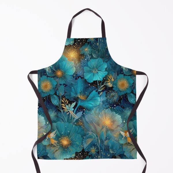 Item preview, Enchanted Midnight Garden - Teal & Gold Magical Flora & Fairies Pattern designed and sold by Ewa Miller.