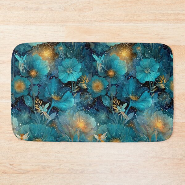 Item preview, Enchanted Midnight Garden - Teal & Gold Magical Flora & Fairies Pattern designed and sold by Ewa Miller.