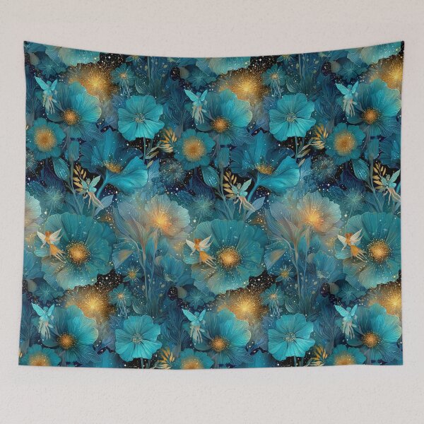 Item preview, Enchanted Midnight Garden - Teal & Gold Magical Flora & Fairies Pattern designed and sold by Ewa Miller.