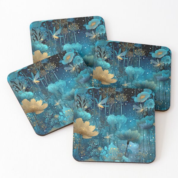Item preview, Enchanted Midnight Garden - Teal & Gold Magical Flora & Fairies Pattern designed and sold by Ewa Miller.