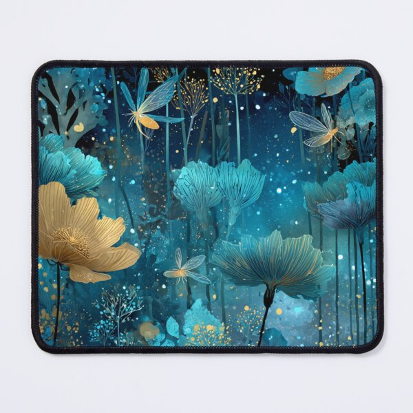 Item preview, Enchanted Midnight Garden - Teal & Gold Magical Flora & Fairies Pattern designed and sold by Ewa Miller.
