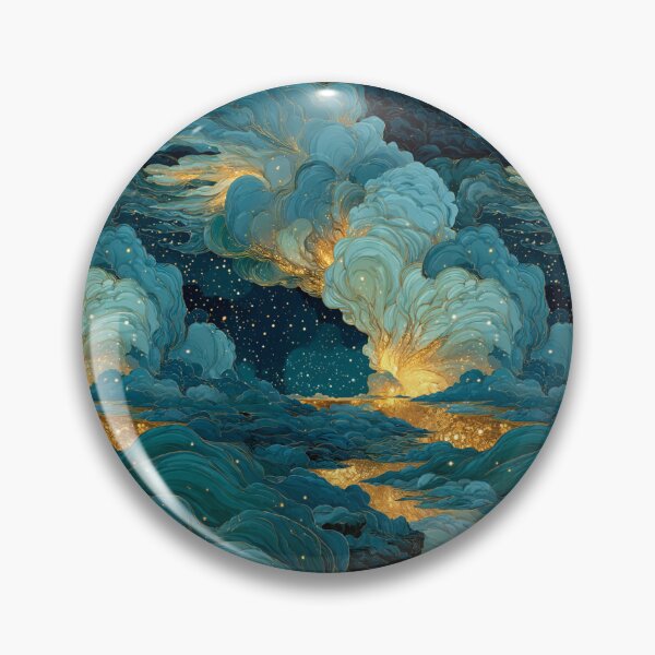 Item preview, Celestial Dreamscape Village - Teal & Gold Starry Night Clouds Pattern designed and sold by Ewa Miller.