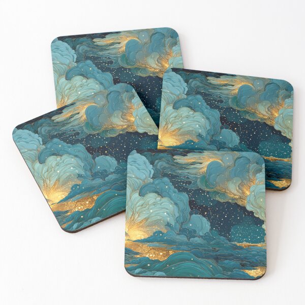Item preview, Celestial Dreamscape Village - Teal & Gold Starry Night Clouds Pattern designed and sold by Ewa Miller.