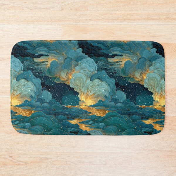 Item preview, Celestial Dreamscape Village - Teal & Gold Starry Night Clouds Pattern designed and sold by Ewa Miller.