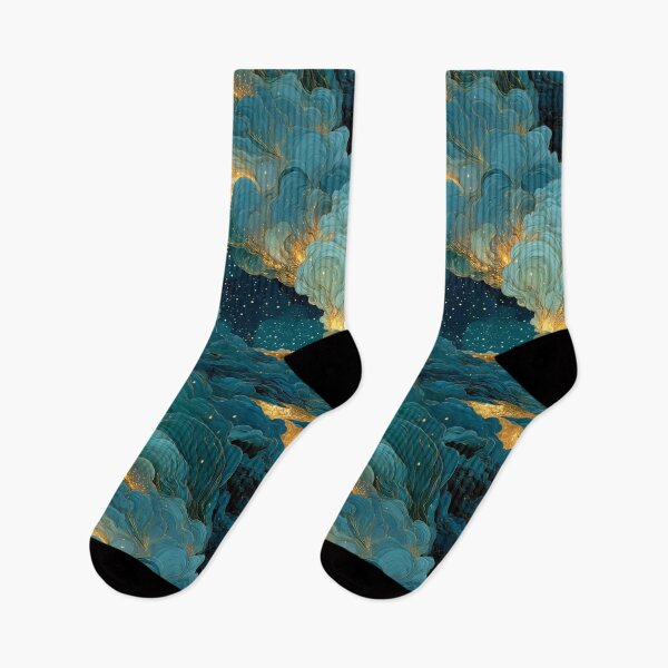 Item preview, Celestial Dreamscape Village - Teal & Gold Starry Night Clouds Pattern designed and sold by Ewa Miller.