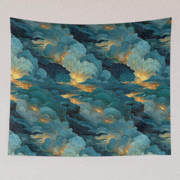 Item preview, Celestial Dreamscape Village - Teal & Gold Starry Night Clouds Pattern designed and sold by Ewa Miller.