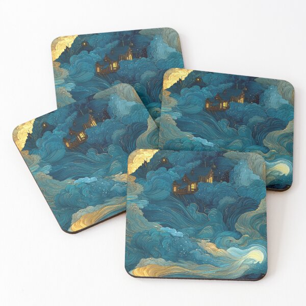 Item preview, Celestial Dreamscape Village - Teal & Gold Starry Night Clouds Pattern designed and sold by Ewa Miller.
